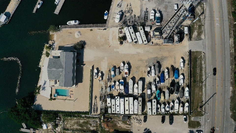 Aerial view of the SOS Storage of Marathon lot with boats, RVs and trailers parked in rows beside US-1